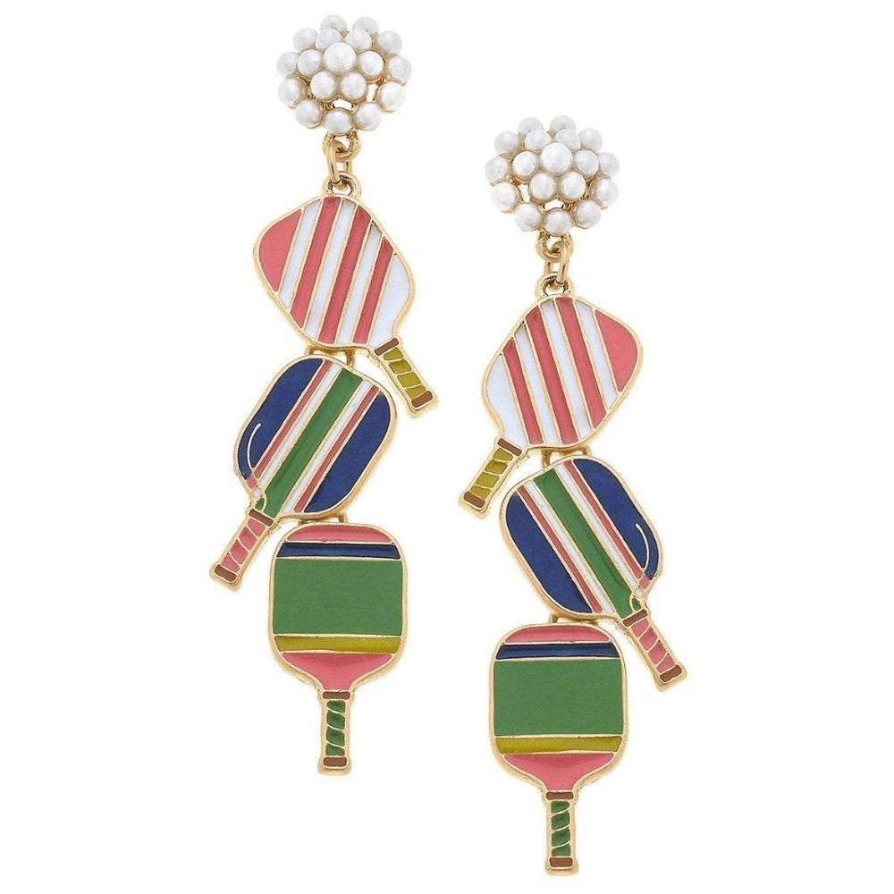 Pickleball Triple Linked Pearl Cluster Earrings